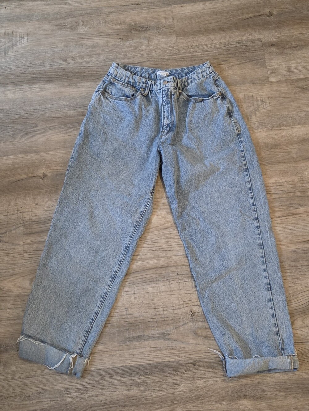 Good American Good 90's Loose Jeans High Rise Baggy Raw Hem Cotton, Blue, 10/30